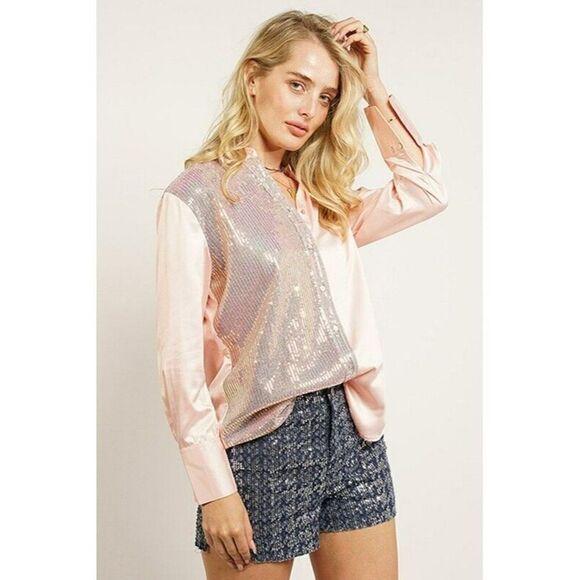 GeeGee Clothing Satin Sequin Button Up Mix Top Shirt in Peach New S-L ST2310 - Picture 2 of 5